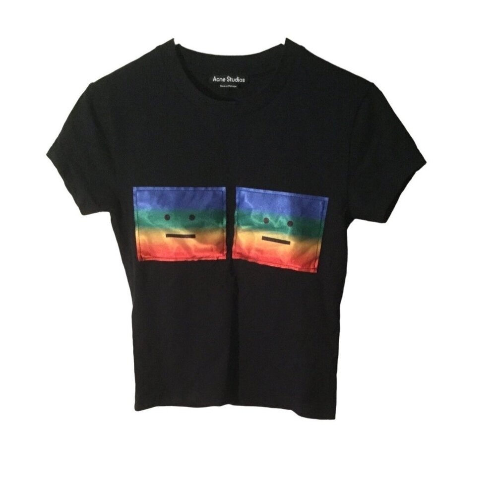 Acne Studios Women's T-Shirt Short Sleeve Crew Neck Black Rainbow Size XS